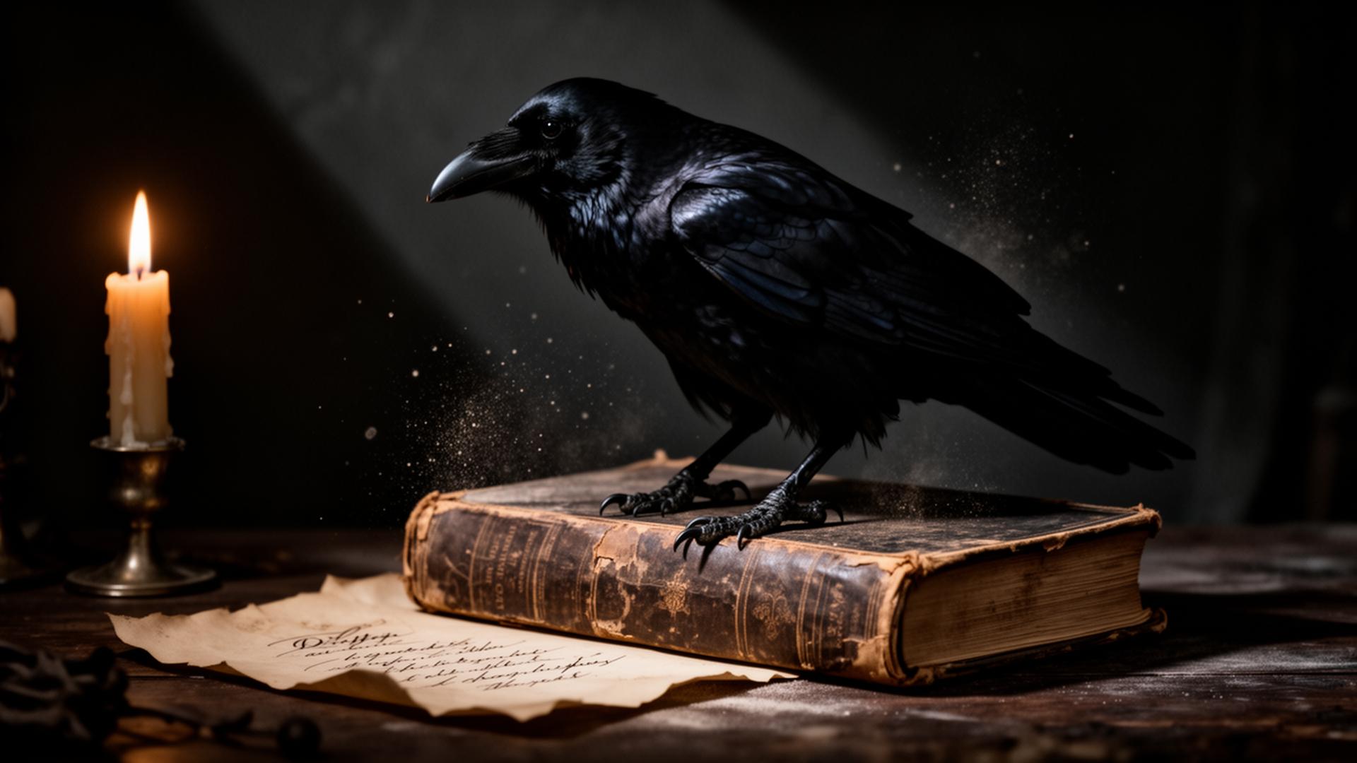 A raven perched on an antique book by candlelight